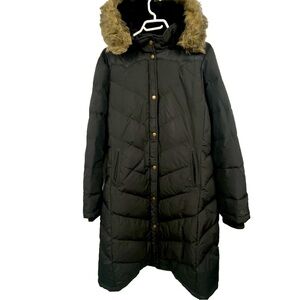 GUC Polo Ralph Lauren Black Long Puffer Coat Faux Fur Trim Hood Women’s Large